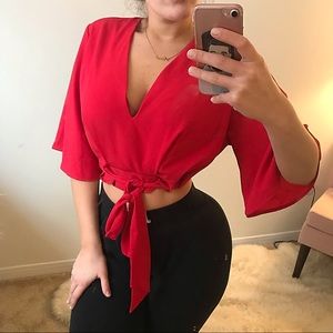 Red bell sleeve tie crop top
